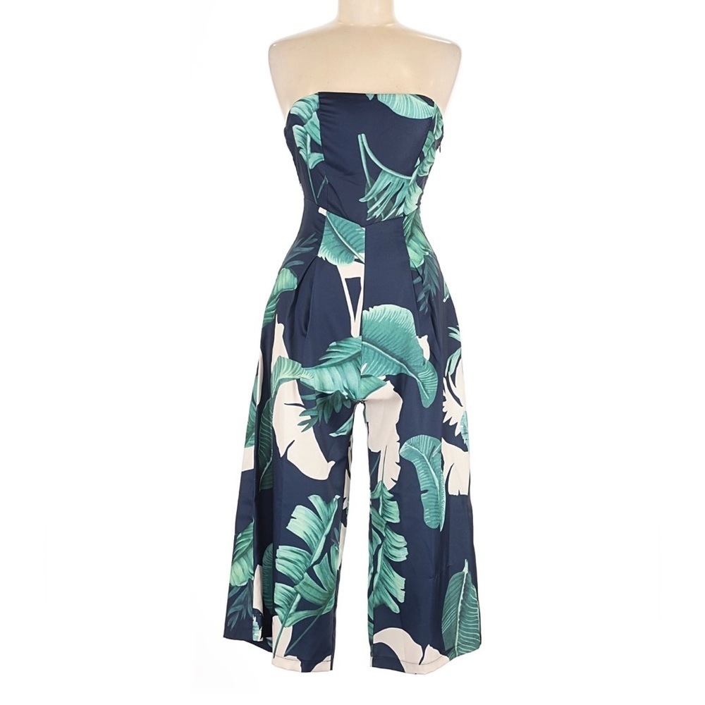 Lulus Rainforest Blooms Strapless Jumpsuit Small Navy Tropical Culotte Wide Leg - Picture 3 of 6
